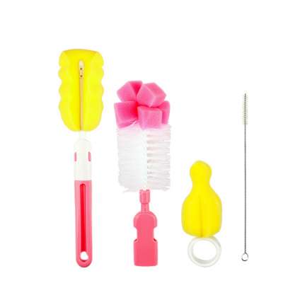 mumprince 4 in 1 gift Plastic handle sponge bottle cleaning brush set  with nipple brush straw tube brush